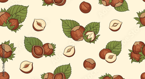 A vintage-style seamless pattern of whole and cracked hazelnuts with green leaves, hand-drawn on a light cream-colored background.