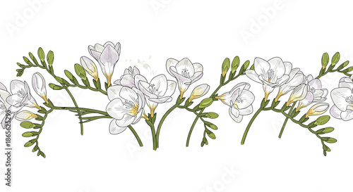 A delicate and seamless horizontal border of beautiful white freesia flowers with green stems and buds, illustrated in a vintage style.