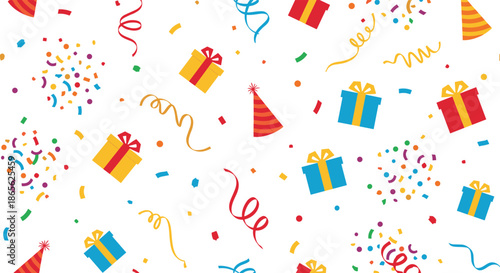 A festive seamless pattern with party elements like gift boxes, confetti, streamers, and birthday hats on a white background.