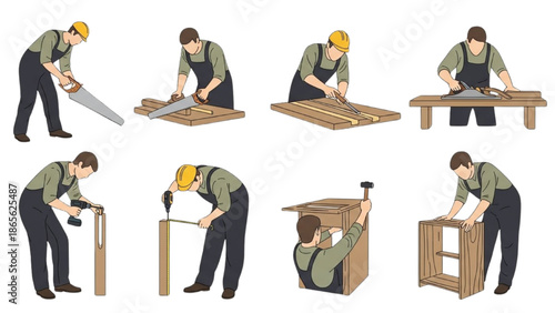Carpentry process illustrated with various tools and woodworking actions