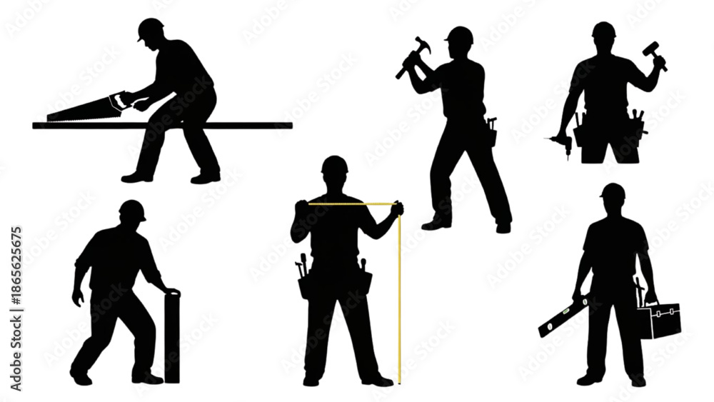 Fototapeta premium Construction worker silhouettes performing various tasks with tools and equipment