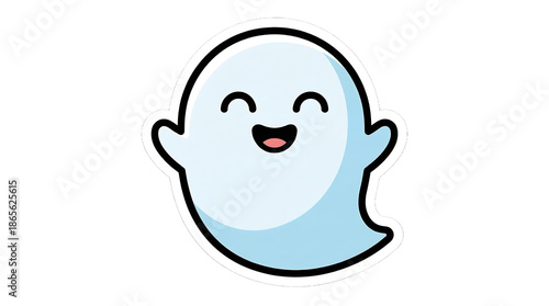 Cute Happy Ghost Cartoon Illustration with White Outline on White Background for Halloween