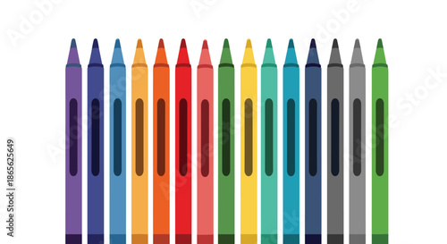 A simple and colorful illustration of a row of fourteen crayons in various bright colors, arranged vertically on a white background.