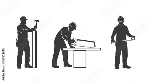 Professional construction workers performing various essential building tasks like sawing, measuring, and handling tools