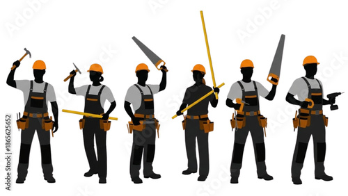 Diverse silhouettes of construction and renovation workers in various poses, equipped with essential building and repair tools for home improvement projects and industrial tasks
