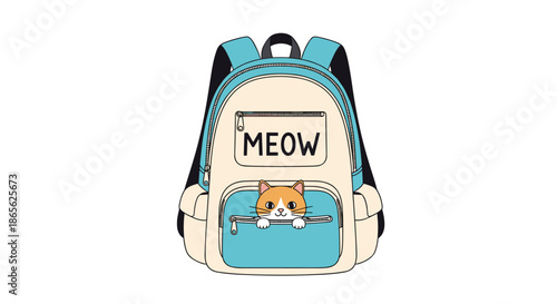 A cute cartoon illustration of a school backpack with a 'MEOW' patch and a ginger cat peeking out of the front pocket.