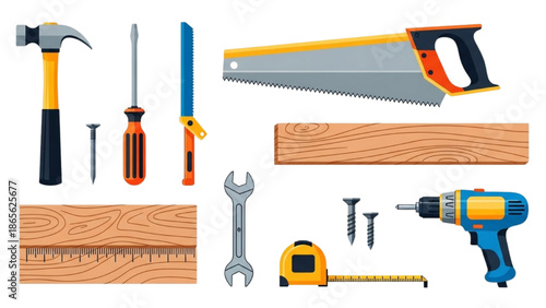 Comprehensive collection of essential hand and power tools for carpentry, construction, and DIY projects, neatly arranged on a white background