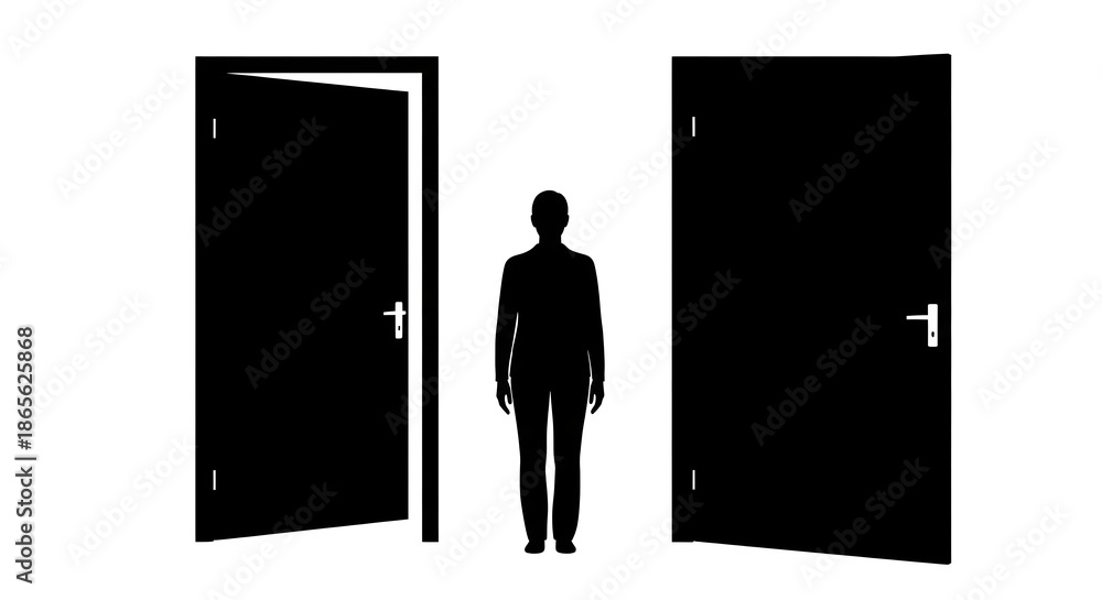 Fototapeta premium Man standing between two open doors, choosing which path to take, symbolizing decision making and opportunity with choosing a path