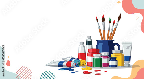 A vibrant background composition of art supplies including paint tubes, jars of gouache, and brushes, for creative projects.
