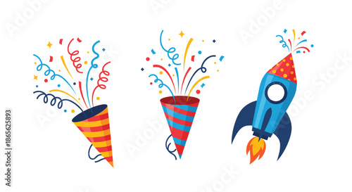 A festive set of celebration icons, including two exploding party poppers with confetti and a launching toy rocket.