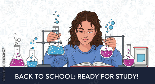 A back-to-school banner showing a girl in a science class conducting a chemistry experiment with flasks and bubbling liquids.