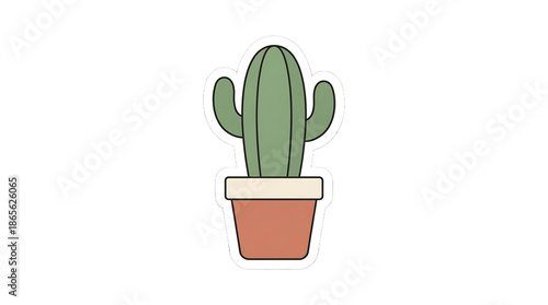 Cute Potted Cactus Illustration with White Border on White Background, Ideal for Stickers and Digital Design