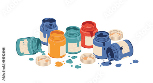 An artistic composition of several open and overturned jars of colorful gouache paint, with spills and drips on a white surface.