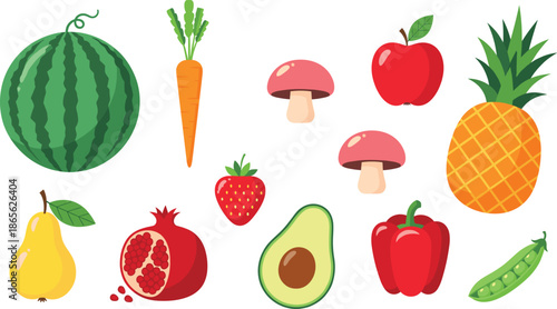 Fresh Fruits And Vegetables Collection Including Watermelon Apple Pineapple Avocado Carrot Mushroom And Pepper Flat Vector Illustration