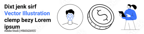 Data security, fintech, user authentication, technology concepts, cryptocurrency, digital access. Facial recognition symbol, coin and a person with a tablet. Data security and fintech concepts