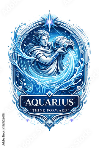 Majestic Aquarius Water Bearer Zodiac Sign Emblem with Cosmic Flow and Futuristic Design Elements