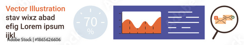 Data analytics, business performance, research tools, dashboard design, information visualization, statistics. Includes graph, percentage indicator and magnifying glass. Data analytics and business