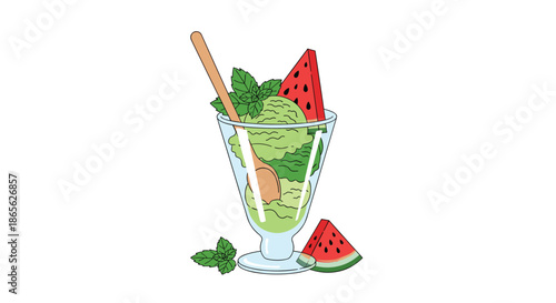 Refreshing glass of green ice cream sorbet served with fresh watermelon slices, mint leaves, and a spoon, isolated on white background.