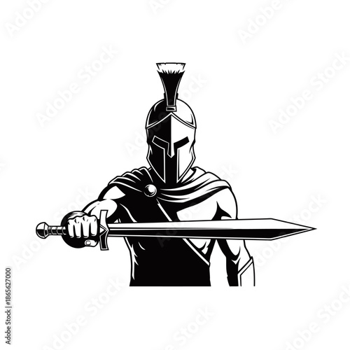 A black and white illustration of a Spartan warrior holding a sword in front of him.