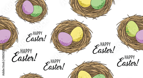 Seamless holiday pattern with hand-drawn bird nests holding colorful Easter eggs and 'Happy Easter' calligraphy on a white background.