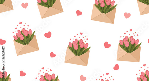 Seamless romantic pattern with kraft paper envelopes full of pink tulips and floating hearts, perfect for Valentine's or Mother's day.