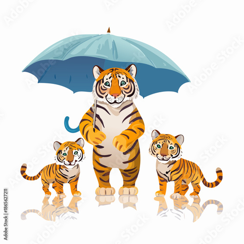 tiger cub holding a leaf umbrella