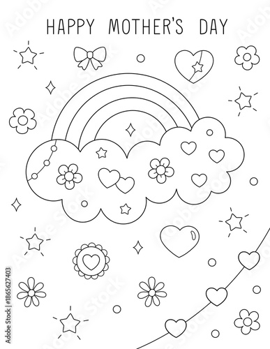 easy mother's day coloring pages for adults and teens. black and white design with hearts and flowers. Exclusive on Adobe Stock. Printable on letter size (8.5 x 11 in) paper.