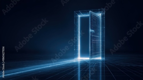 An open door glows with an ethereal light, a pathway illuminated with digital energy, it represents opportunity and transformation. ..Created with Generative AI, not depicting real subjects.