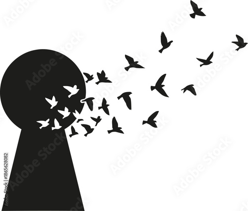 Icon of a keyhole releasing tiny birds minimalist flat vector illustration