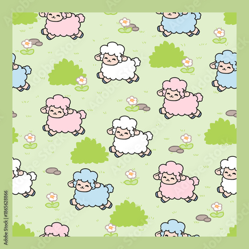 Colorful Pastel Lambs Pattern on Green Grassland. Great for wallpaper, gift wrap, nursery illustrations, children clothing, and digital paper design