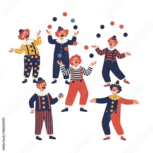 Illustration of clowns juggling balls in a circular formation against a white background