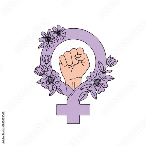 Raised Fist within Female Symbol Surrounded by Flowers Illustration
