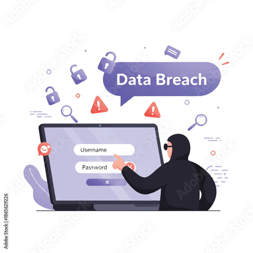 Hacker accessing sensitive information on a laptop with a data breach warning sign