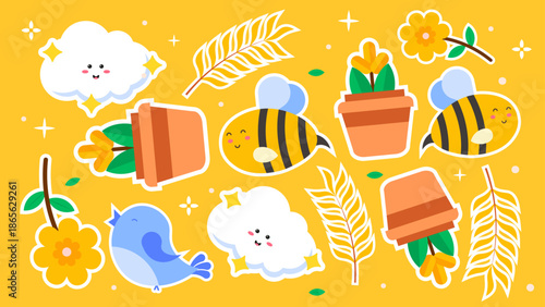 Bright yellow scene with blue birds smiling clouds terracotta pots yellow flowers and golden wheat stalks