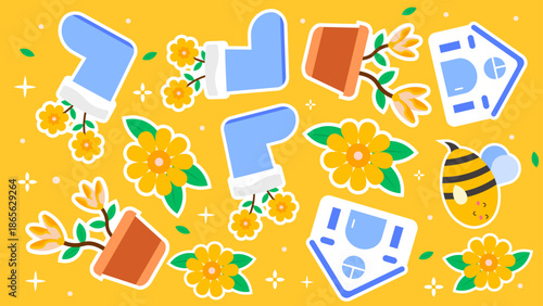 Cheerful yellow background with blue houses rain boots with flowers terracotta pots and happy bees
