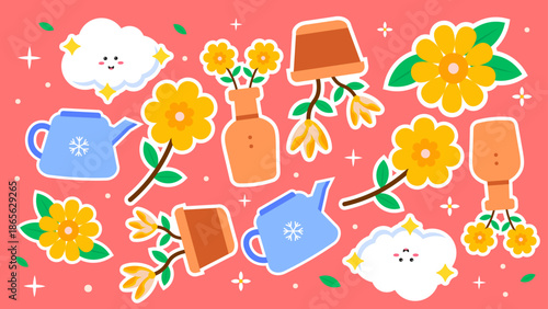 Sweet pink background adorned with smiling clouds blue teapots terracotta vases and bright yellow blossoms