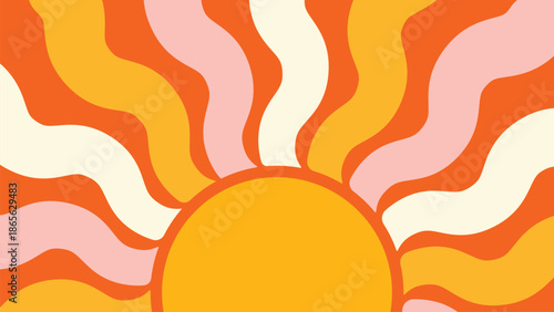 Retro 70s wavy sunburst landscape with orange, pink, and yellow rays, vintage psychedelic sunset for groovy posters