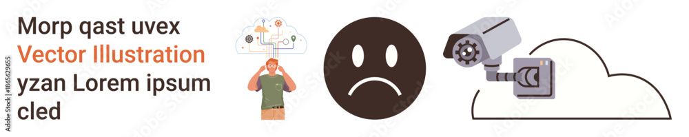 Fototapeta premium Privacy concerns, mental health, cloud storage, data security, surveillance, technology. Sad face, brain map surveillance camera and cloud icon. Privacy concerns and mental health visuals