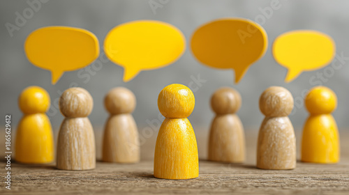 Wooden figure standing out with yellow speech bubble, communication concept, group discussion, leadership and teamwork idea