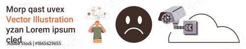 Privacy concerns, mental health, cloud storage, data security, surveillance, technology. Sad face, brain map surveillance camera and cloud icon. Privacy concerns and mental health visuals