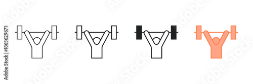 Set of minimalist weightlifter icons with transparent background, depicting gym exercise, fitness training, strength building, and sports activity, vector illustration