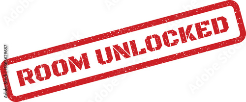 Grungy red rectangle stamp featuring bold text ROOM UNLOCKED for digital interfaces or game achievements