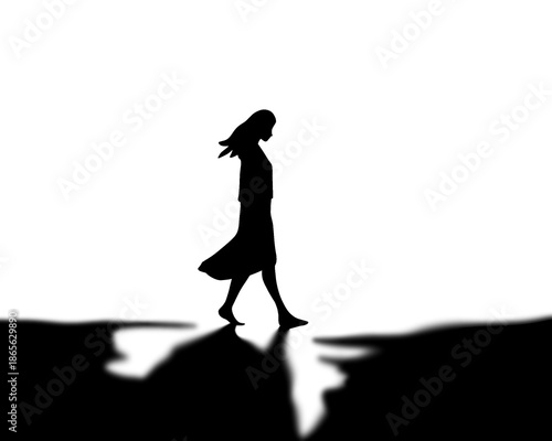 silhouette of a woman walking on the horizon, dramatic illustration alone, vector illustration
