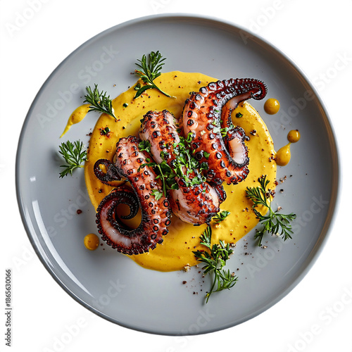 Top view of grilled octopus with saffron aioli Michelin star restaurant main course plating isolated on white transparent background