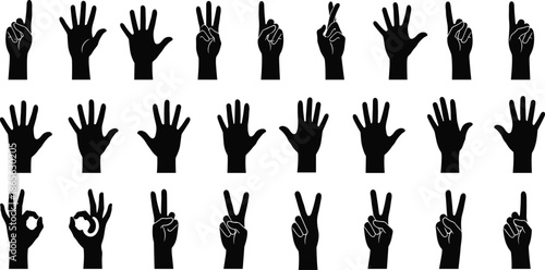 Hand gesture silhouette set illustration, human hand signs collection, counting pointing symbols, communication language icons isolated white background design vector