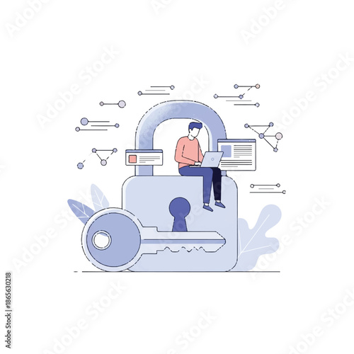 A person working on a laptop while sitting on a large padlock illustration surrounded by abstract security elements