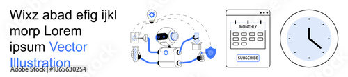 Automation, time management, scheduling, technology, digital tools, workflow optimization. A robot, calendar with subscription details and clock. Automation and time management concept