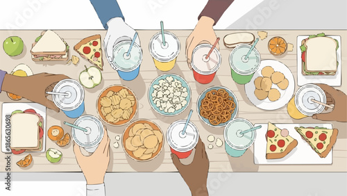 Overhead view of people sharing food and drinks at a table.