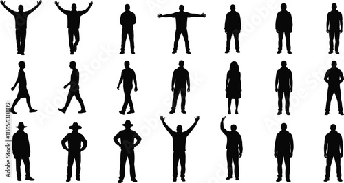Human body silhouette set illustration, standing stretching poses collection, male female anatomy figures, fitness posture icons isolated on white background