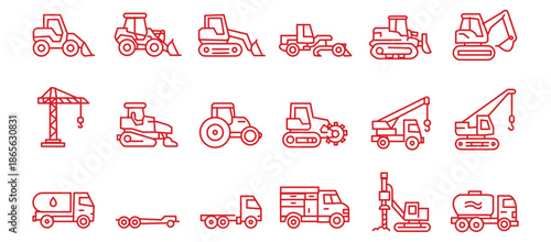 Construction vehicle line icon set. Vector pictograms of bulldozer, loader, grader, paver, roller, lowboy hauler, utility, concrete mixer, thin linear illustration.